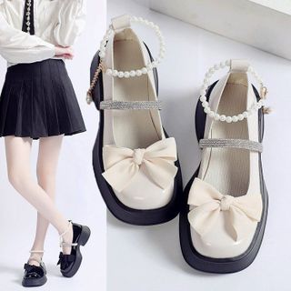 Giày búp bê nữ Mũi vuông quai ngọc trai phối Nơ A4