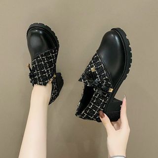 Giày nữ gót vuông đính nơ phối khóa kéo hông A5