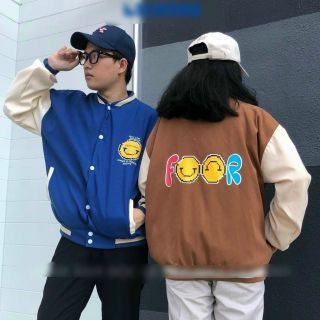 Áo khoác bomber da lộn in FOOR mặt cười nút bấm form dưới 70kg