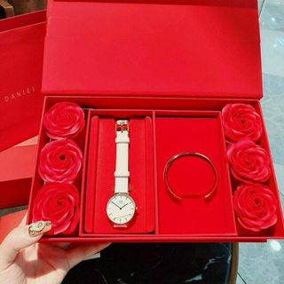 SET ĐỒNG HỒ D W DA KÈM CUFF HOA CAO CẤP