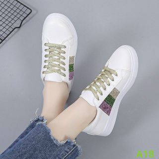 Giày thể thao nữ trắng 3 sọc kim tuyến A18