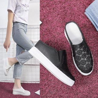 Giày nữ đế bằng chất vải lưới dệt thêu hoa nhí xinh xắn SD02