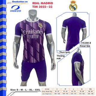 Quần áo đá banh CLB Real Madrid màu tím - Thun lạnh - Size S M L XL 2XL