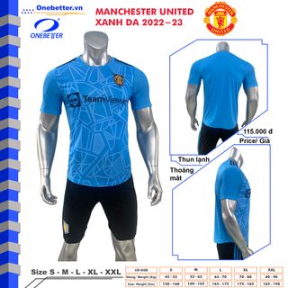 Quần áo đá banh CLB MU Manchester United màu xanh da - Thun lạnh - Size S M L XL 2XL