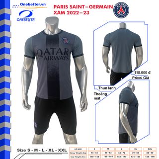 Quần áo đá banh CLB PSG Paris Saint - Germain màu xám - Thun lạnh cao cấp - Size S M L XL 2XL