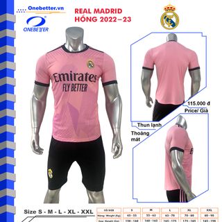 Quần áo đá banh CLB Real Madrid màu hồng - Thun lạnh - Size S M L XL 2XL