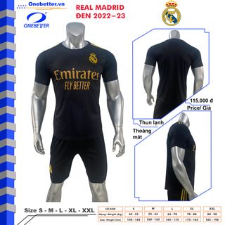 Đồ đá banh, quần áo bóng đá CLB Real Madrid đen - Thun lạnh co giãn - Full size từ S đến 2XL giá sỉ