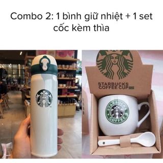 Sét bình giữ nhiệt kèm cốc và thìa sứ starbuck