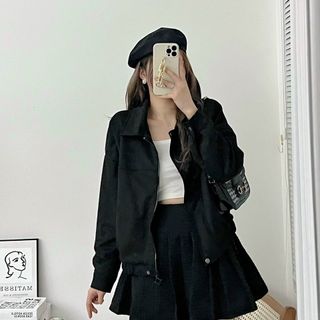 Áo khoác da lộn 2 lớp, trơn lửng kiểu croptop form dưới 60kg