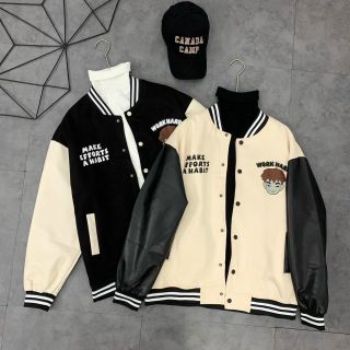 Áo khoác da lộn kiểu bomber, 2 lớp.logo in gấu