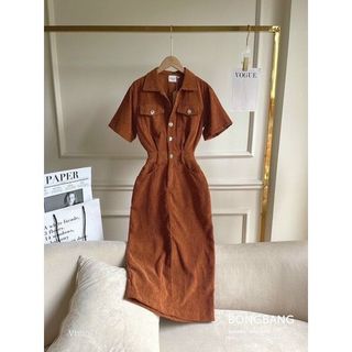 Váy sơ mi nhung tăm dáng dài khuy đồng