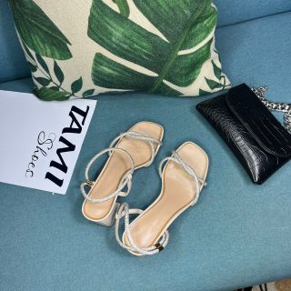 Dép cao gót nữ quai đính đá màu kem da CG0014