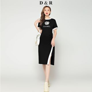 Đầm thun suông xẻ tà thêu cao cấp D8484