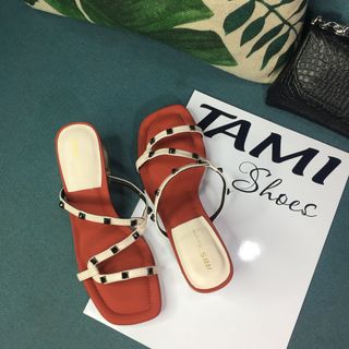 Dép guốc nữ quai dây đính đá đế cao 5cm màu đỏ CG0042