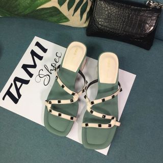 Dép guốc nữ quai dây đính đá đế cao 5cm màu xanh CG0042