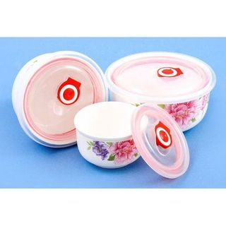 Bộ 3 bát sứ có nắp hút chân không cao cấp hoa văn siêu đẹp