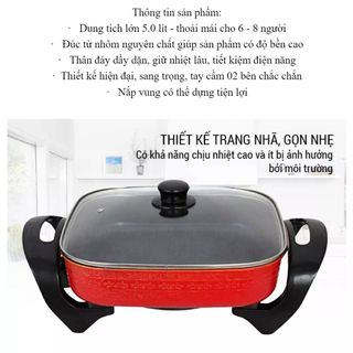 [Bền Bỉ] Nồi Lẩu Điện Đa Năng - Hình Vuông Cỡ Lớn 5 Lít Đường Kính 32cm, Chiên Xào Hầm Luộc Rán - Chống Dính