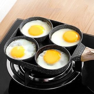 Khuôn Chảo Chiên Rán Trứng Làm Bánh 4 Ngăn 4 Lỗ Chống Dính - Chống Dính Tay Cầm Gỗ 4 ngăn nấu được cả bếp từ và bếp gas