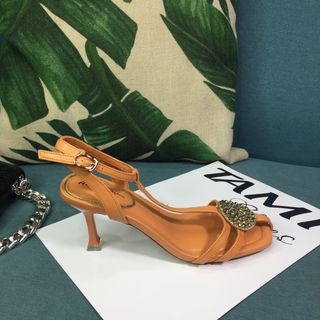 Sandal nữ cao gót nhọn quai dây đính đá đồng tiền màu cam CG0043