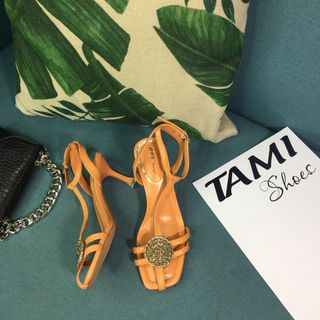 Sandal nữ cao gót nhọn quai dây đính đá đồng tiền màu cam CG0043