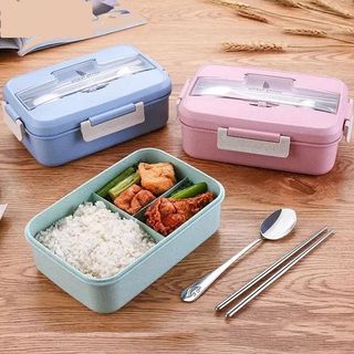 Hộp Đựng Cơm Lúa Mạch 3 Ngăn Mới ( Tặng kèm đũa + thìa inox ) Giao Màu Ngẫu Nhiên