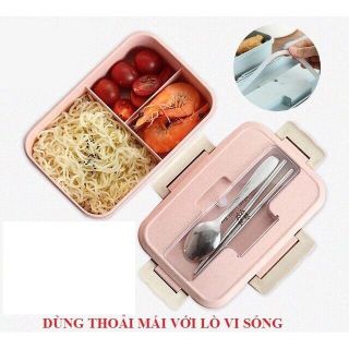Hộp Đựng Cơm Lúa Mạch 3 Ngăn Mới ( Tặng kèm đũa + thìa inox ) Giao Màu Ngẫu Nhiên