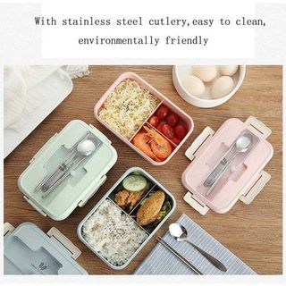 Hộp Đựng Cơm Lúa Mạch 3 Ngăn Mới ( Tặng kèm đũa + thìa inox ) Giao Màu Ngẫu Nhiên