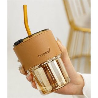 Ly thủy tinh uống nước (kèm Vỏ da + Nắp + Ống Hút) màu hổ phách chịu nhiệt nóng lạnh 400ml