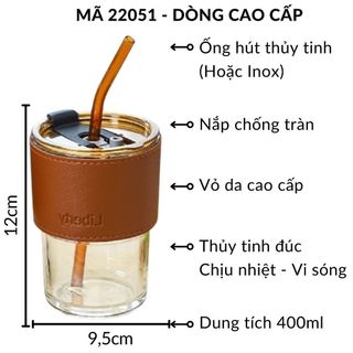 Ly thủy tinh uống nước (kèm Vỏ da + Nắp + Ống Hút) màu hổ phách chịu nhiệt nóng lạnh 400ml