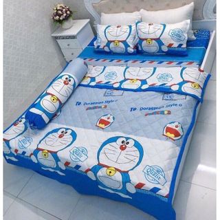 Set 5 Món Doremon Chăn Ga gối Poly Cotton 1m6 x 2m x 10cm