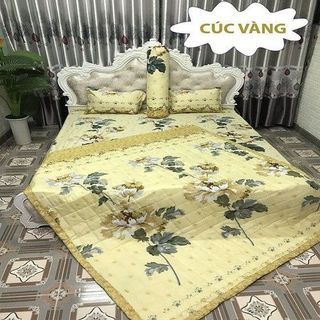 Trọn Bộ Chăn Ga Vỏ Gối 5 Món Mẫu Hoa Xanh, Hoa Vàng