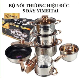 [ Xịn Xò ] Bộ Nồi Đức 5 Đáy Yimeitai 6 Món Nắp Hợp kim Vàng - dùng cho mọi loại bếp điện, bếp từ, bếp ga, bếp hồng ngoại