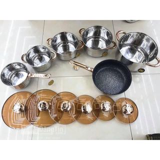 [ Xịn Xò ] Bộ Nồi Đức 5 Đáy Yimeitai 6 Món Nắp Hợp kim Vàng - dùng cho mọi loại bếp điện, bếp từ, bếp ga, bếp hồng ngoại