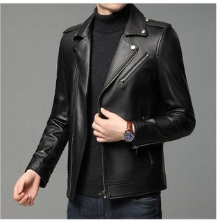 Áo khoác da nam cao cấp phối kéo kiểu cổ bẻ thanh lịch-Da08