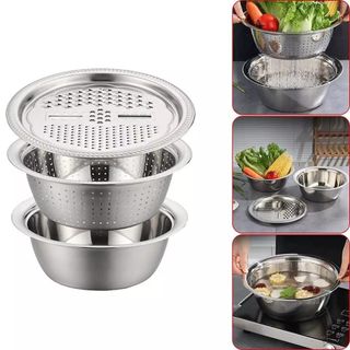 Bào rau củ đa năng inox, bộ dụng cụ nạo rau củ quả đa năng 3 trong 1, vừa nạo rau củ vừa có rổ vo gạo, kiêm chậu inox giá sỉ