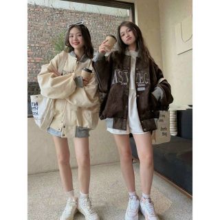 Áo khoác da lộn kiểu bomber 2 lớp, logo in work hard
