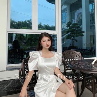Đầm xinh dạo phố tay ngắn bổng cổ vuông nhún eo nơ nữ tính - NV37