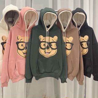 Áo hoodie nỉ ngoại ìn hình in gấu đeo kính form dưới 70kg