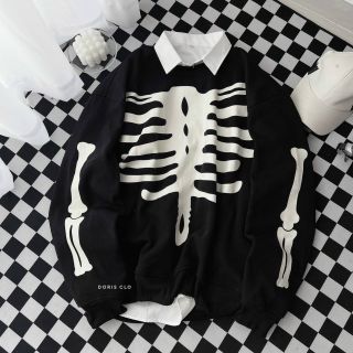 Áo sweater nỉ logo in bộ xương form dưới 70kg đẹp xuất sắc