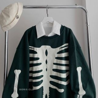 Áo sweater nỉ logo in bộ xương form dưới 70kg đẹp xuất sắc