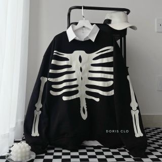 Áo sweater nỉ logo in bộ xương form dưới 70kg đẹp xuất sắc