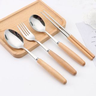 Bộ 3 thìa dĩa đũa inox cán gỗ bộ dụng cụ thìa dĩa và đũa ăn cơm sang trọng