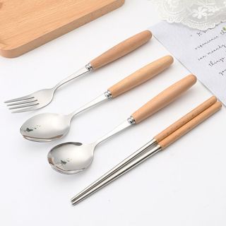 Bộ 3 thìa dĩa đũa inox cán gỗ bộ dụng cụ thìa dĩa và đũa ăn cơm sang trọng