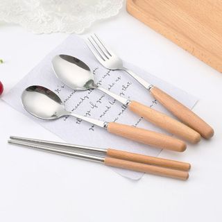 Bộ 3 thìa dĩa đũa inox cán gỗ bộ dụng cụ thìa dĩa và đũa ăn cơm sang trọng