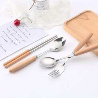 Bộ 3 thìa dĩa đũa inox cán gỗ bộ dụng cụ thìa dĩa và đũa ăn cơm sang trọng