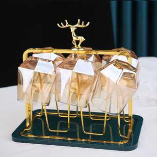 Khay úp cốc nước khung vàng đế xanh hứng nước Khay đựng cốc nước tay cầm hình hươu sang trọng