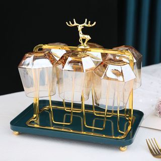 Khay úp cốc nước khung vàng đế xanh hứng nước Khay đựng cốc nước tay cầm hình hươu sang trọng