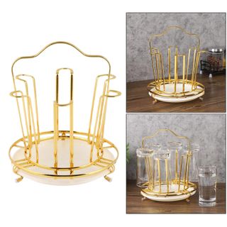 Khay đựng cốc nước hình tròn kèm giá đỡ trắng khung kim loai mạ vàng Giá úp cốc sang trọng đẹp có đế hứng nước