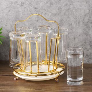 Khay đựng cốc nước hình tròn kèm giá đỡ trắng khung kim loai mạ vàng Giá úp cốc sang trọng đẹp có đế hứng nước