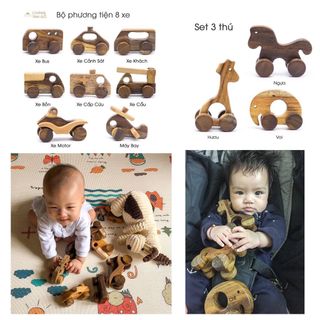 Set Đồ Chơi Xe Gỗ Và Thú Gỗ, Bánh Xe Di Chuyển, 100% Gỗ Tự Nhiên - Đồ Chơi Gỗ Chàng Trai Gỗ